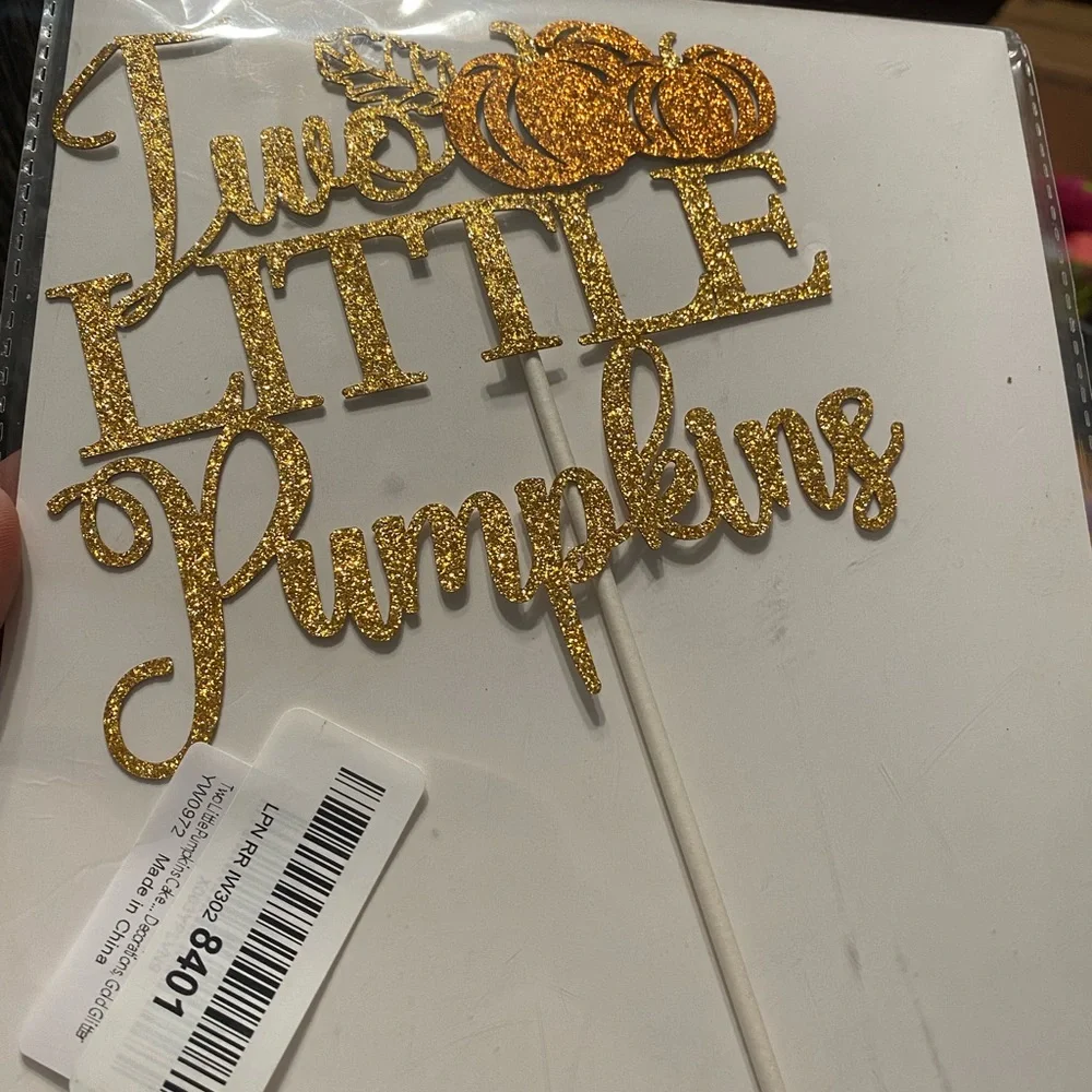 Gold Glitter Two Little Pumpkins Cake Topper